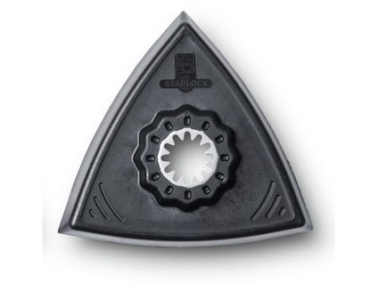 Trekantig ohålad slipplatta i metall med texten "Starlock" på mitten.