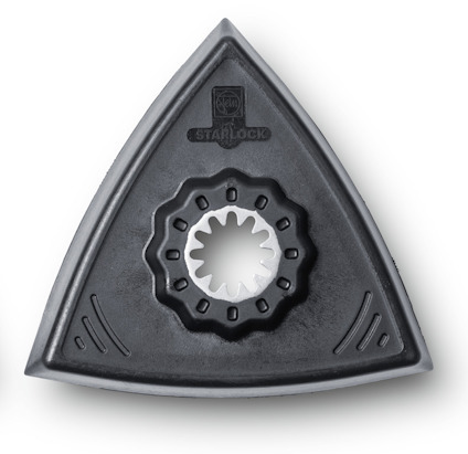Trekantig metallskiva med ett tandat hål i mitten och logotypen "Starlock".