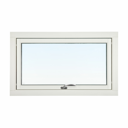 Vit rektangulär liggande fönsterram med blåtonat glas och silverfärgat handtag.