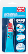 Förpackning med Casco Marin & Teknik tätningsmassa i blå tub med röd och vit text, plastmunstycke och bildinstruktioner.