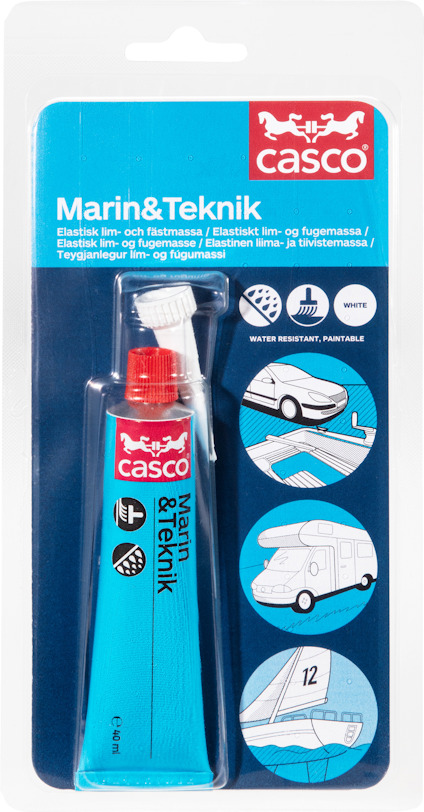 Förpackning med Casco Marin & Teknik tätningsmassa i blå tub med röd och vit text, plastmunstycke och bildinstruktioner.
