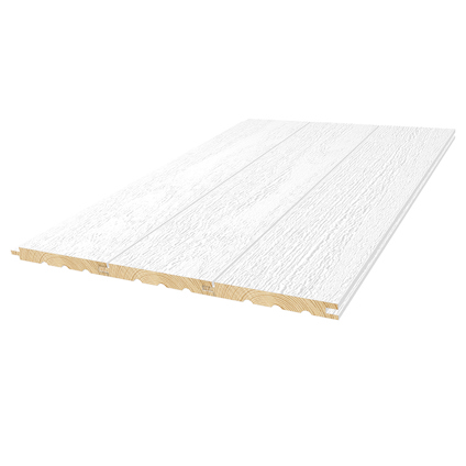Vitmålad träpanel med utstansade spår och rå träkant.