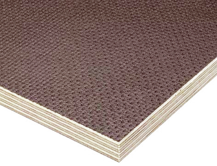 Texturerad plywoodskiva med flera lager och en grov, mönstrad yta.