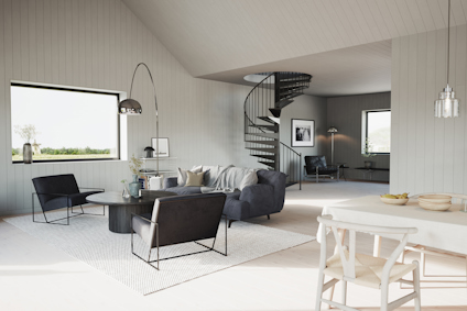 Modern inredning med spiraltrappa, sittgrupp och stor väggkonst i ett rum med högt i tak och stora fönster.