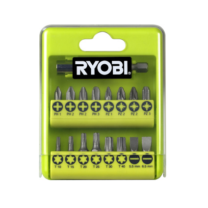 Bitsats i plastförpackning med RYOBI-logotyp. Innehåller 17 bitar i olika former och storlekar.
