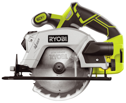 Bärbar cirkelsåg med silverfärgad klinga och grönt handtag, märkt "RYOBI".