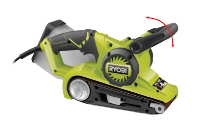 Grön och svart bandslipmaskin med justerbart handtag och synlig ryobi-logotyp.