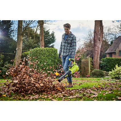 Person använder en lövblåsare för att samla löv i en trädgård.
