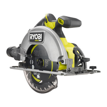 Cirkelsåg med grått och grönt handtag, exponerat sågblad och RYOBI ONE+ logotyp.