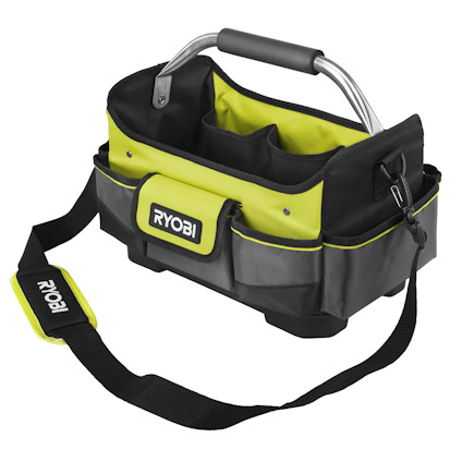 Svart och grön verktygsväska med flera fickor och Ryobi-logotyp, axelrem och bärhandtag.