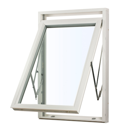 Vitt trä/aluminiumfönster med vridöppning, glaset är tredelat.