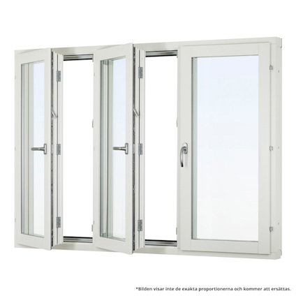 Sidohängt fönster med vita ramar i trä/aluminium och tre glasrutor, två öppna och två stängda sektioner.