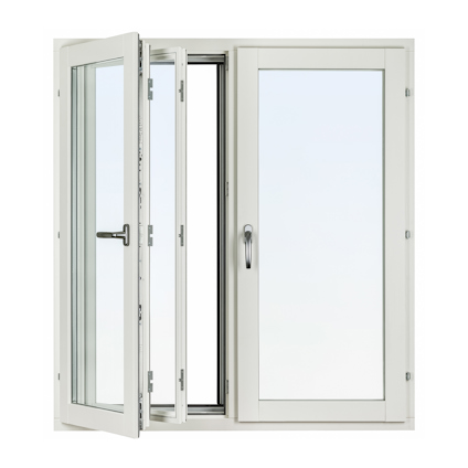Vitt, sidohängt fönster i trä/aluminium med två glasdelar, varav en är öppen.
