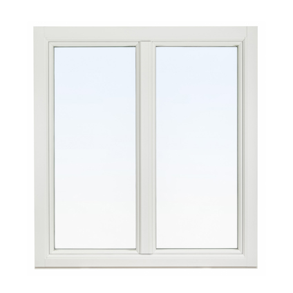 Vitt fönster med två glasrutor och en mittstolpe.