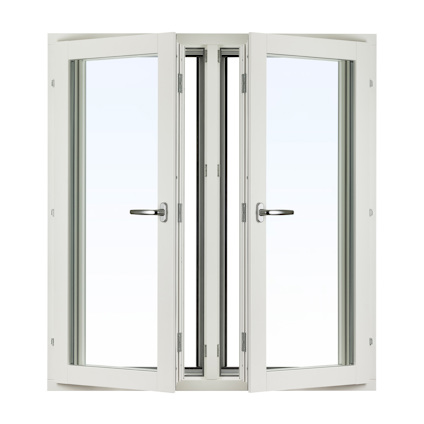 Vit dubbelfönsterram med två öppningsbara glasdörrar med svarta handtag.