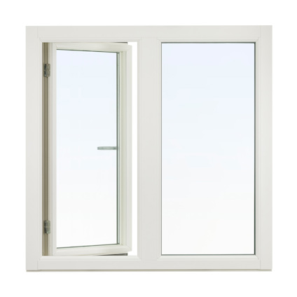 Vitt fönster med två glasrutor; vänstra delen är öppningsbar, högra delen fast.
