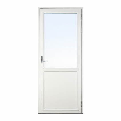 Vit fönsterdörr med glasruta upptill och massiv panel nedtill, utrustad med handtag och gångjärn på höger sida.
