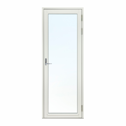 Vit fönsterdörr med glasruta, karm, handtag och gångjärn på höger sida.