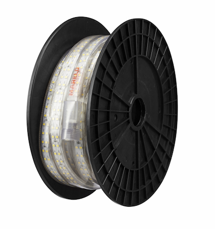 Svart spole med genomskinlig LED-slinga lindad runt den. Slingan visar små vita LED-lampor.