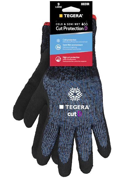 Arbetshandske med texten "TEGERA cut D" och snöflingesymbol på baksidan. Svart med röda inslag.