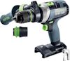 Skruvdragare och slagborr med flera tillbehör i svart, grön och silver. Texten "Festool TPC 18/4" syns på verktyget.