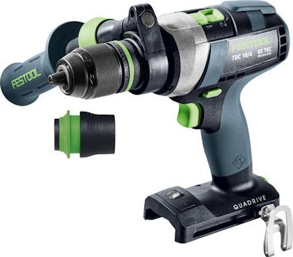 Skruvdragare med gröna och svarta detaljer, avtagbart chuck och sidhandtag. Märkt "Festool TDC 18/4 EC TEC".