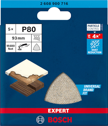Förpackning med 5 slipnät, kornstorlek P80, 93 mm, Bosch.