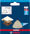 Förpackning med Bosch sandpapper, typ P150, 93 mm, 5 st, med triangelformad illustration och text om dammreducering.