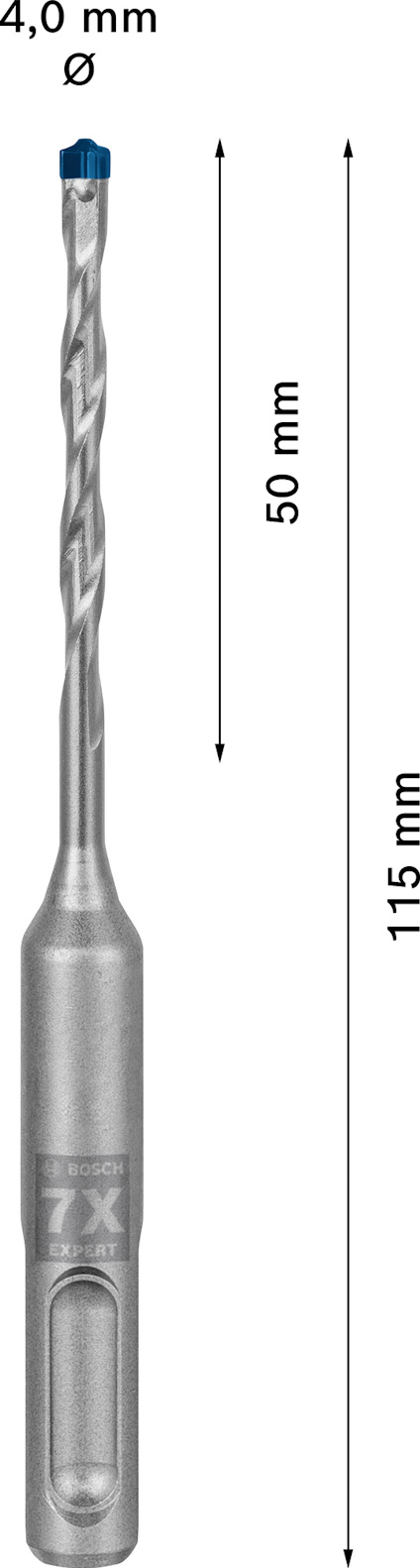 Borr med 4,0 mm diameter och 115 mm längd, blå spets, silverfärgad kropp.