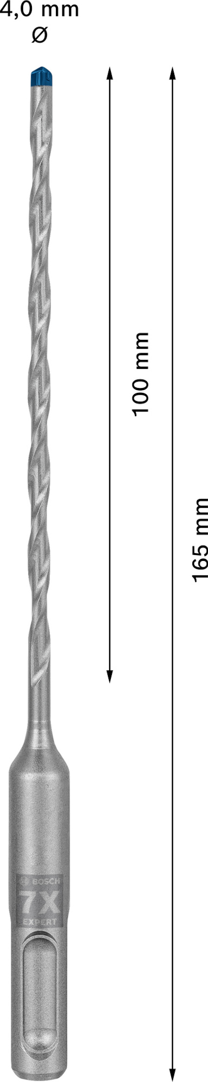 Borr med måtten 4,0 mm i diameter och 165 mm i längd, varav 100 mm är skärlängd.