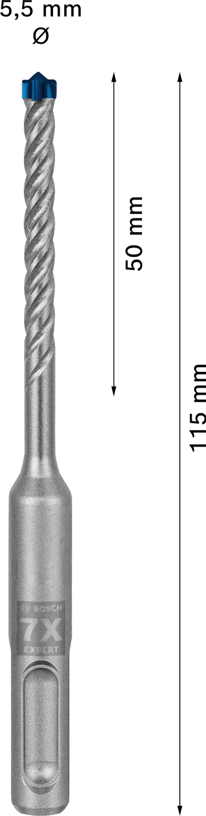Borr med spiralform och blå spets, längd 115 mm, diameter 5,5 mm. Längdmarkerad sektion 50 mm.