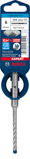 Borr av märket Bosch Expert SDS plus-7X, storlek 6 mm, längd 50/115 mm i förpackning med blå och grå detaljer.