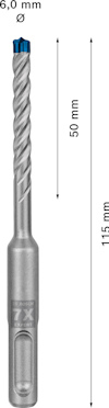 Borr med blå spets och silverfärgad kropp, märkningar "7X", 6,0 mm diameter, 115 mm längd, 50 mm spiral.