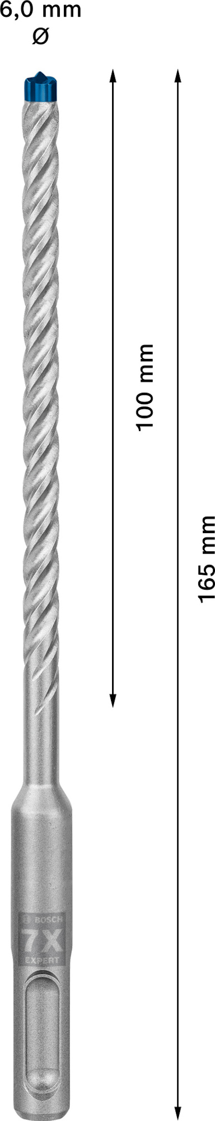 Borr med spiralformad spets och mätangivelser 6,0 mm diameter, 100 mm spiral längd, 165 mm total längd.