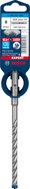Borr från Bosch med etikett med text: "SDS plus-7X", "8 x 100/165 mm", "Carbide", "Expert Concrete".