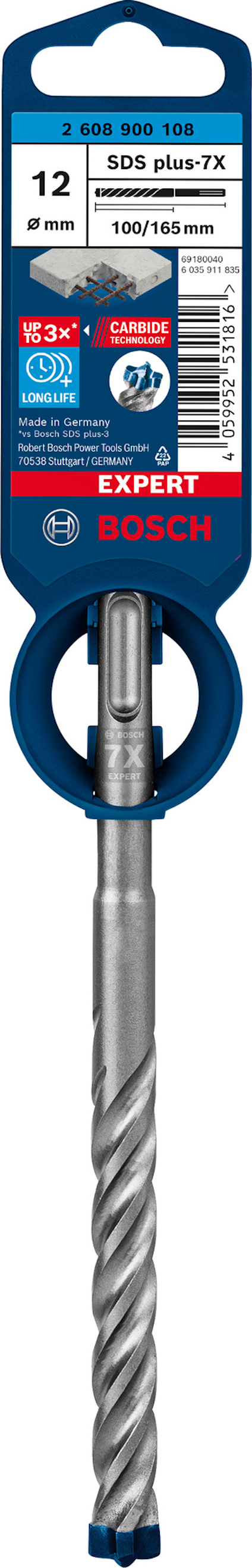 Borr med spiraldesign och blå etikett med text: "SDS plus-7X, Ø 12 mm, 100/165 mm, Bosch".