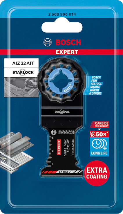 Förpackning med Bosch Expert verktygsblad för Starlock, AIZ 32 AIT, med extra beläggning och lång livslängd.