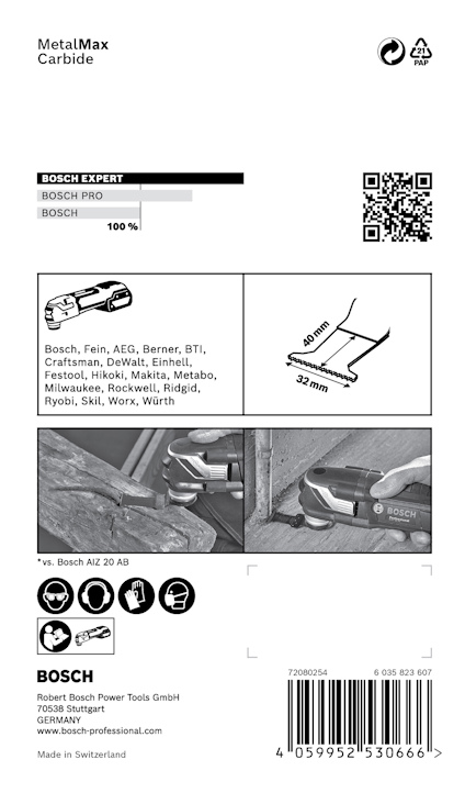 Förpackning med specifikationer för Bosch Expert MetalMax med 32 mm klinga, QR-kod och illustration av användning.