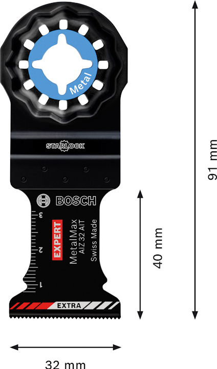 Multiverktygsblad från Bosch Expert, 91 mm långt, med markeringarna "Starlock", "MetalMax AIZ 32 AT" och "EXPERT".
