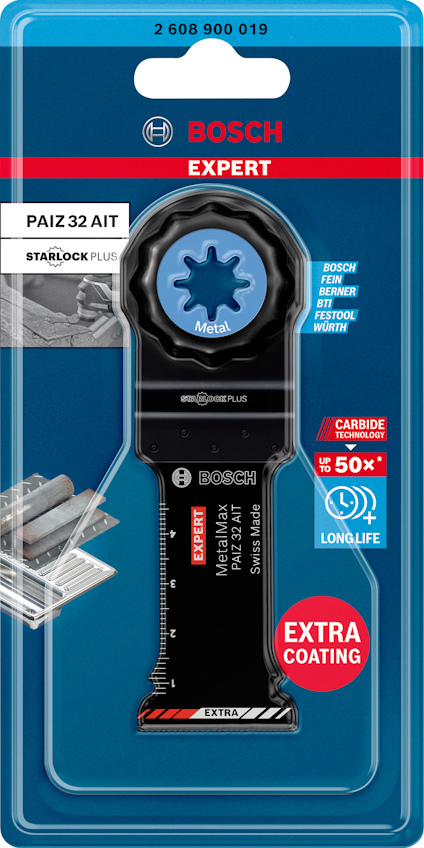 Förpackning med Bosch Expert sågklinga för metall, modell Starlock Plus PAIZ 32 AIT, med extra beläggning.
