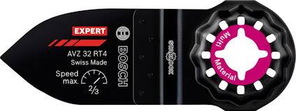 Svart oscillerande multiverktygsblad med texter "Bosch", "AVZ 32 RT4", "Swiss Made" och "Speed max 2/3".