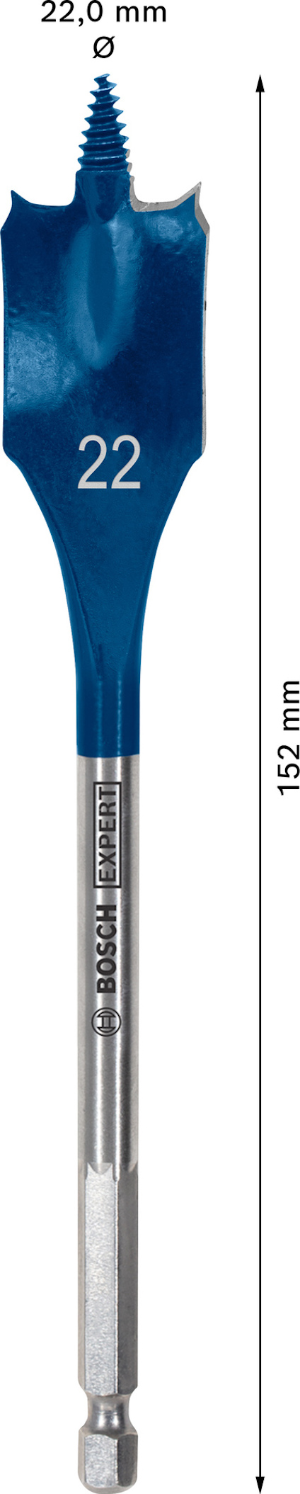 Spadborre med 22 mm blad och 152 mm längd, blått huvud och silverfärgat skaft med Bosch Pro-kod.