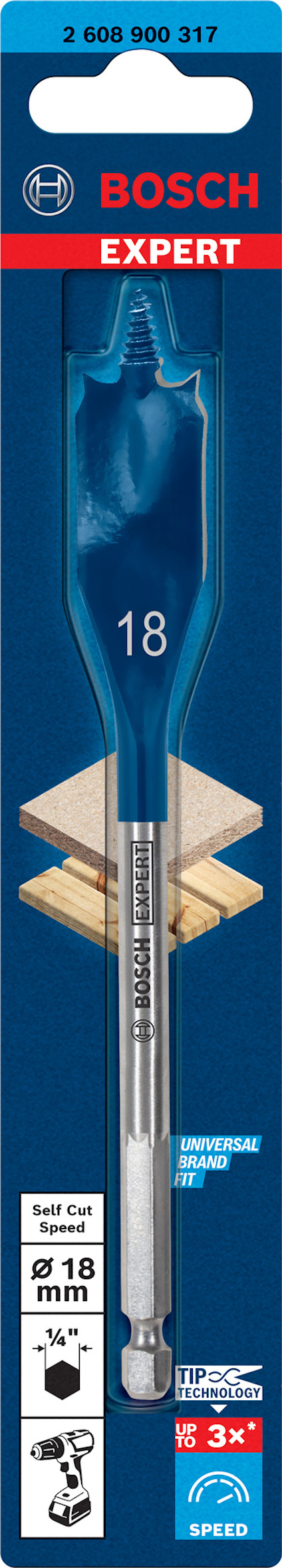 Förpackning med Bosch Expert 18 mm borr med Speed Clean- och Self-Cut-teknik.