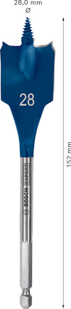 Blått borr med spetsig design, text "28" i mitten och "28,0 mm" överst. Text på skaftet: "BOSCH EXPERT". Längd: 152 mm.