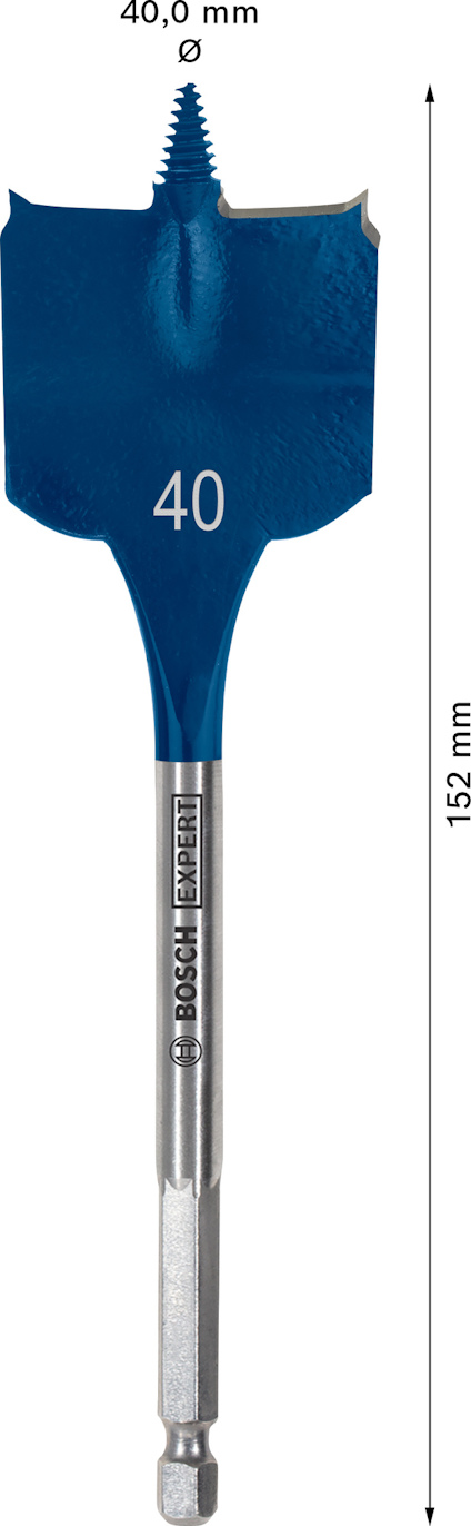 Flatborr med text "40" och "Bosch Expert", längd 152 mm, diameter 40,0 mm, blå färg.