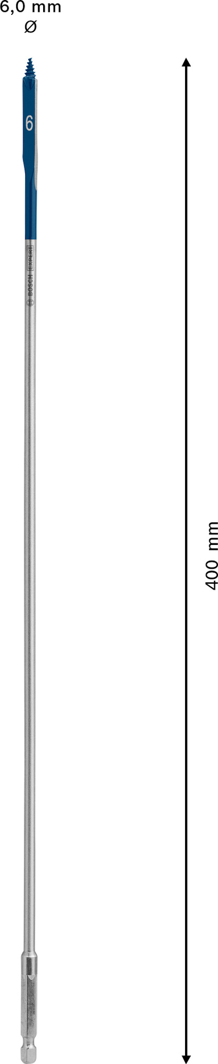 Silverfärgad stång med blått handtag och text "6.0 mm" samt längdangivelse "400 mm" och diameter "Ø".