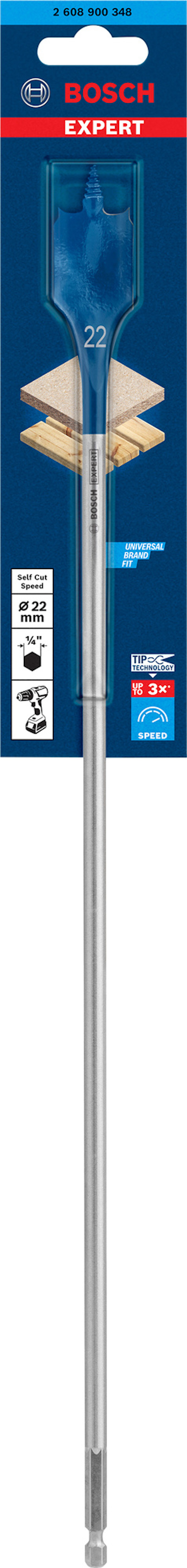 Borrspets med förpackning från Bosch Expert, märkta med dimensionen 22 mm.