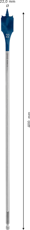 Flatborr i metall med blått huvud, märkt "22" och "400 mm". Huvudet är 22,0 mm brett.
