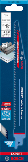 Förpackning med en Bosch Expert S 1531 CBM sticksågblad för träskärning, med text och logotyper.