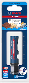 Förpackning med Bosch Expert hålsågadapter, designad för 20 mm byggmaterial, med text och varumärke.